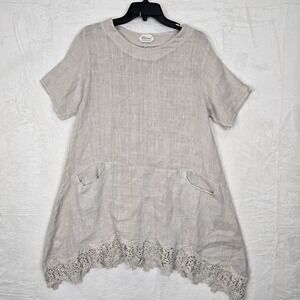 Chez Moi Cream Beige 100% Linen Lace Tunic Top Made In Italy M Lagenlook Boho